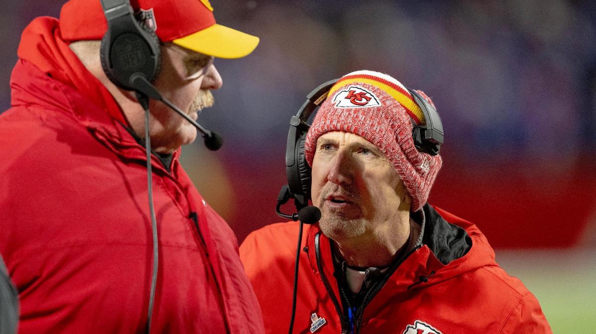 Chiefs defensive coordinator Steve Spagnuolo, right, talks strategy with head coach Andy Reid during Kansas City’s Jan. 21, 2024 AFC Divisional game against the Buffalo Bills at Highmark Stadium in Orchard Park, New York.