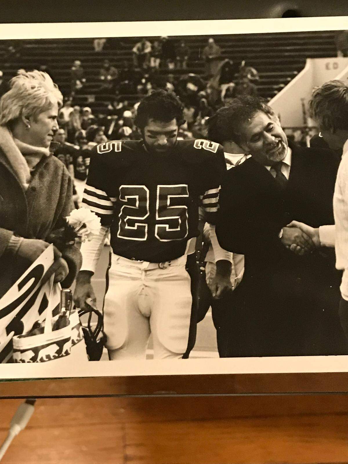 Vahe Gregorian with his parents, Clare and Vartan, in fall 1982 on senior day at Penn, where he played wide receiver.