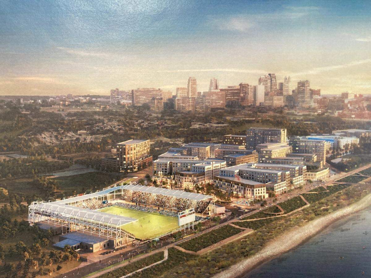 Rendering of Missouri riverfront $1 billion mixed-use development, phase 1 now under construction, by Chris and Angie Long, prime owners of KC Currents, CPKC Stadium and Palmer Square Capital Management.
