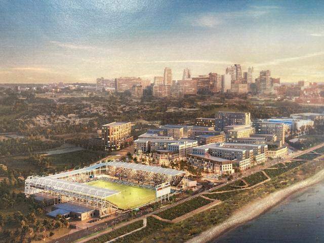 Rendering of Missouri riverfront $1 billion mixed-use development, phase 1 now under construction, by Chris and Angie Long, prime owners of KC Currents, CPKC Stadium and Palmer Square Capital Management.