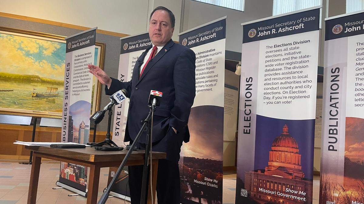 Missouri Secretary of State Jay Ashcroft speaks with reporters in Jefferson City in December 2023.