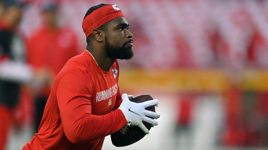 Kansas City Chiefs running back Clyde Edwards-Helaire runs with a pass during practice before the game against Buffalo on Sunday, Oct. 10, 2021, at Arrowhead Stadium in Kansas City.