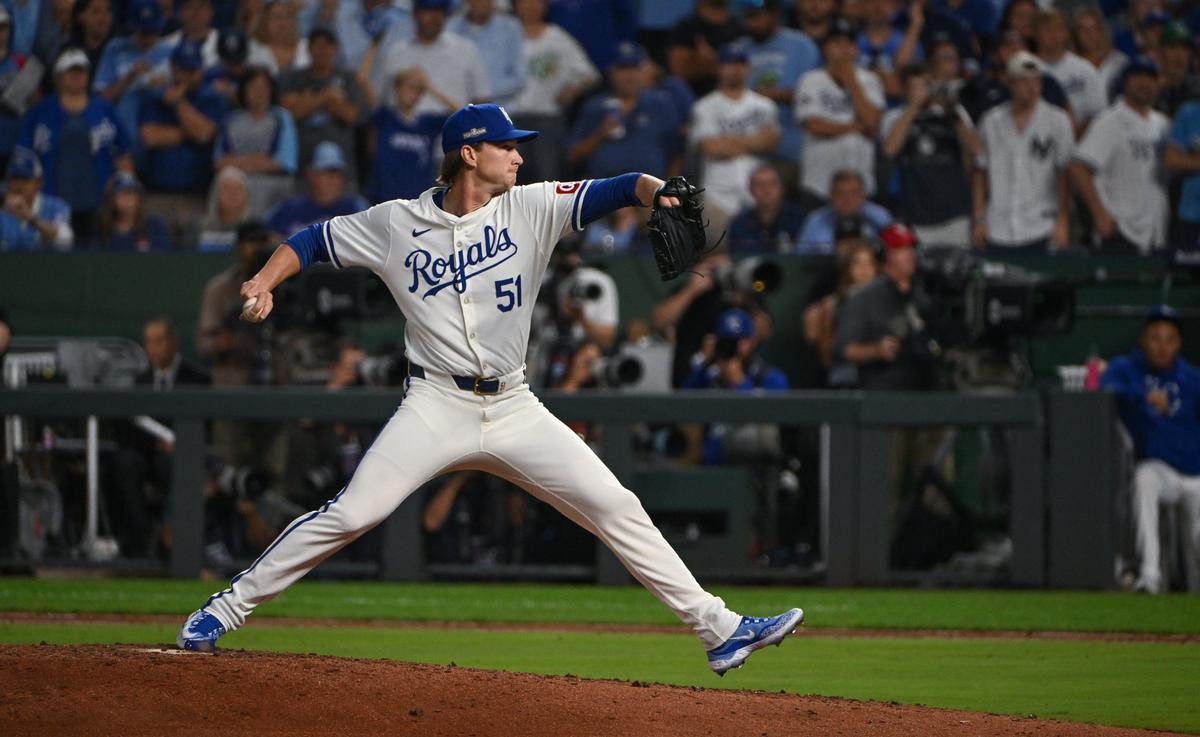 Kansas City Royals pitcher Brady Singer (51) closes out the seventh inning during Game 3 of the American League Division Series on Wednesday, Oct. 9, 2024, at Kauffman Stadium.