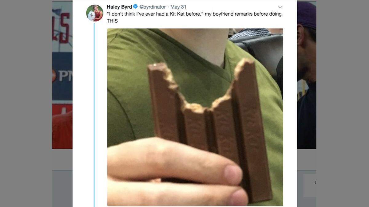 Weekly Standard reporter Haley Byrd was so shocked by the way her boyfriend bit into a Kit Kat bar that she posted the photo on Twitter. Social media was horrified on her behalf and advised her to dump him. The Kit Kat folks were kinder.