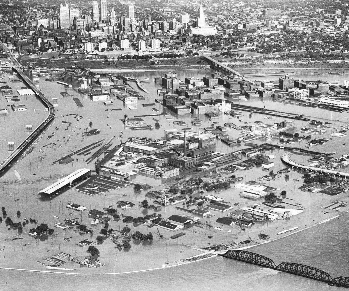 Some buildings in the West Bottoms barely remained above water during the flood of 1951.