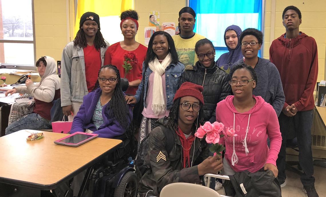 Tyree Bell, 18 (front, center), now a senior, enjoys his work with special needs students at Ruskin High School. He hopes to become a child psychologist.