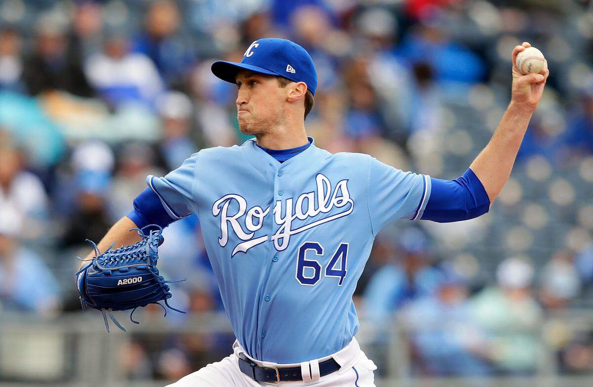 Pitcher Matt Strahm #64 of the Kansas City Royals in action during the game against the Minnesota Twins at Kauffman Stadium on April 30, 2017 in Kansas City, Missouri.