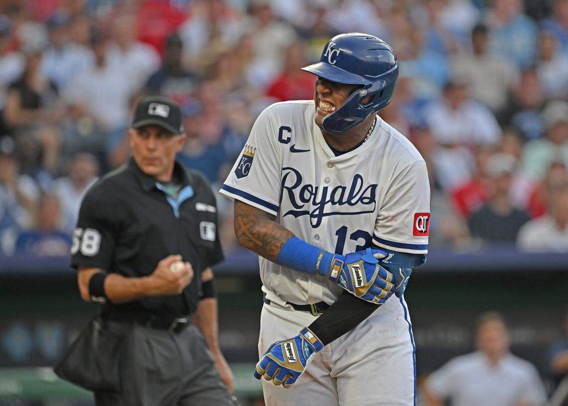 Royals catcher Salvador Perez left the game after getting plunked on the left elbow by Atlanta Braves pitcher Spencer Strider in the third inning at Kauffman Stadium in Kansas City on Monday, July 28, 2025.