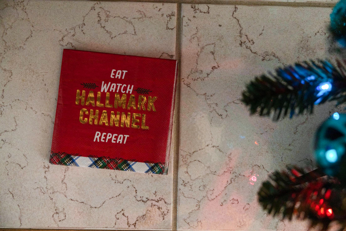 Among the Christmas movie accessories at the Maggio home: Hallmark Channel napkins.