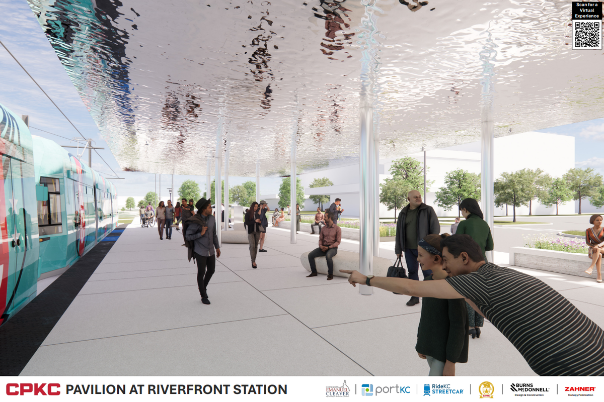 The metal overhang and curved benches echo the nearby Missouri River at the CPKC Pavilion, shown in renderings.