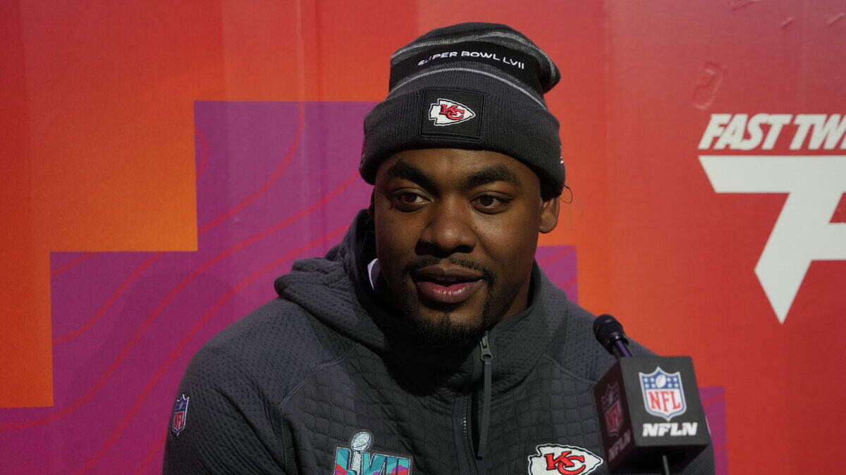 Kansas City Chiefs defensive tackle Chris Jones (95) speaks with media during Super Bowl Opening Night at Footprint Center in Phoenix on Feb. 6, 2023.
