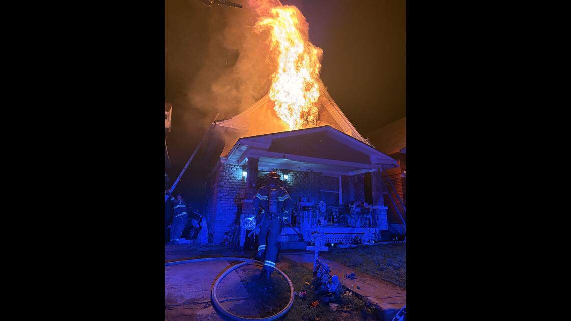 Kansas City firefighters battled a deadly fire early Tuesday at a two-story home in the 1600 block of Elmwood Avenue, a fire department spokesman said. While searching the home, fire crews found a person dead in a second-floor bedroom