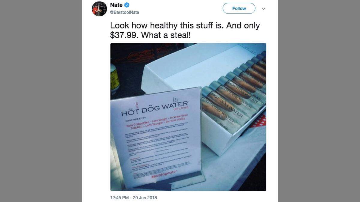 Vendor Douglas Bevans sold $38 Canadian ($28 US) bottles of hot dog water at Vancouver's Car Free Day festival to prove how vulnerable people are to "health-quackery product marketing." He sold 60 bottles, likening the taste to yoga-class perspiration.