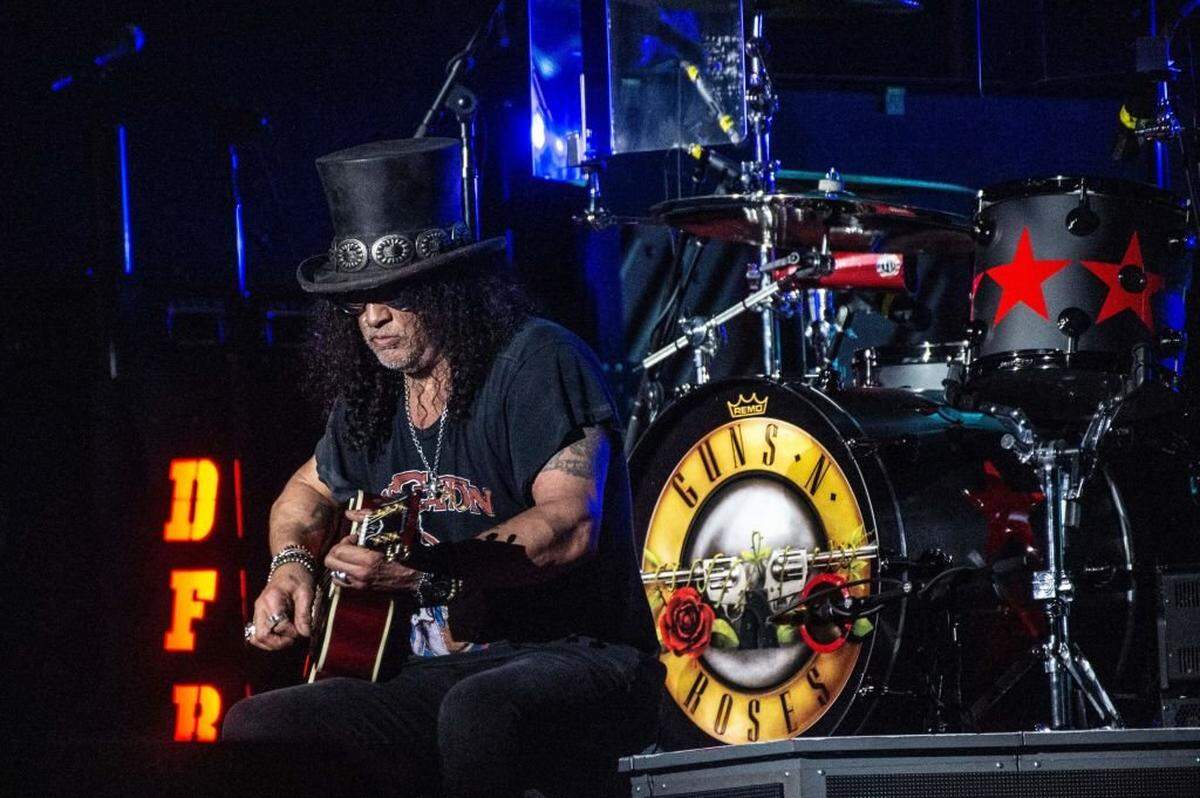 Saul Hudson aka Slash, lead guitarist of the US hard rock band Guns N' Roses, performs on Helviti Stage at the Copenhell heavy metal music festival in Copenhagen, Denmark, on June 17, 2023. (Photo by Helle Arensbak / Ritzau Scanpix / AFP) / Denmark OUT (Photo by HELLE ARENSBAK/Ritzau Scanpix/AFP via Getty Images)