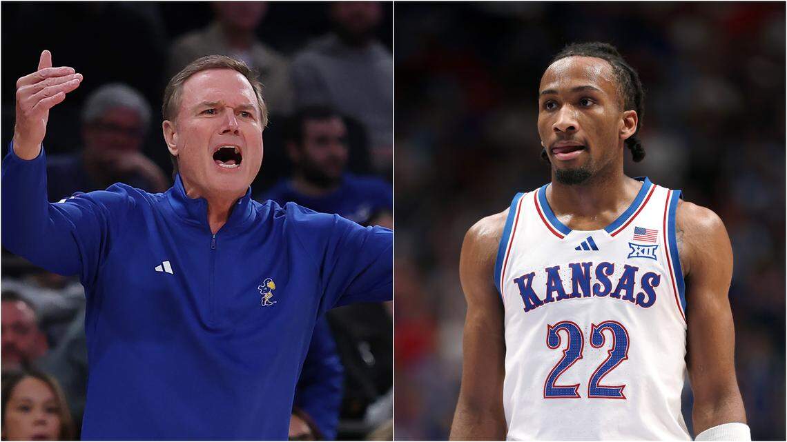 Kansas Jayhawks men’s basketball coach Bill Self, left, and freshman star Darryn Peterson are pictured in these file photos.