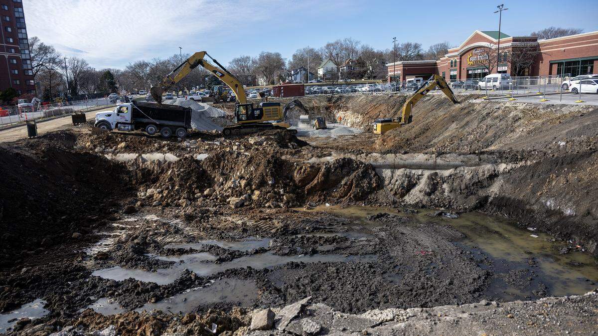 A large excavation site is seen in the Sun Fresh parking lot near Mill Street on Thursday, Jan. 22, 2026, in Kansas City.