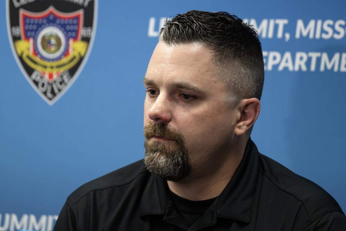 Lee's Summit police officer Jared Timbrook speaks during an interview at the Lee's Summit Police Department on Tuesday, Sept. 9, 2025. Timbrook returned to light duty six weeks after being shot four times in June.