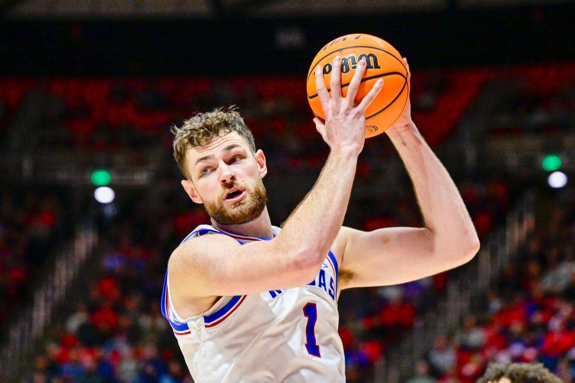 Kansas Jayhawks center Hunter Dickinson (1) recovers a rebound against the Utah Utes during the second half at the Jon M. Huntsman Center on Feb. 15, 2025.