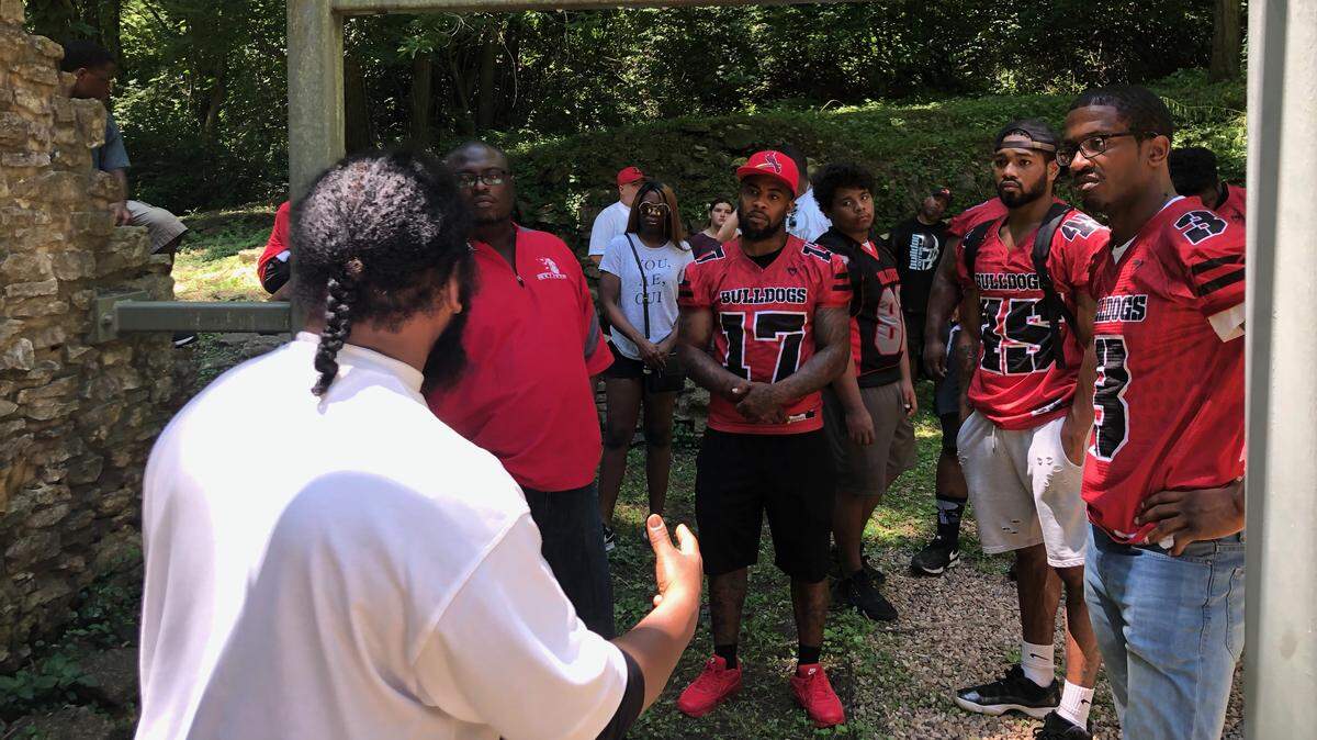 Marvin S. Robinson II, a volunteer researcher with Freedom’s Frontier, explains the history of the Quindaro ruins in 2019. Robinson was elected to the Kansas Legislature in 2022.