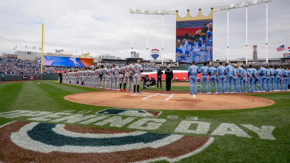 The Kansas City Royals and Minnesota Twins stood for the national anthem before the Opening Day baseball game at Kauffman Stadium on March 30.