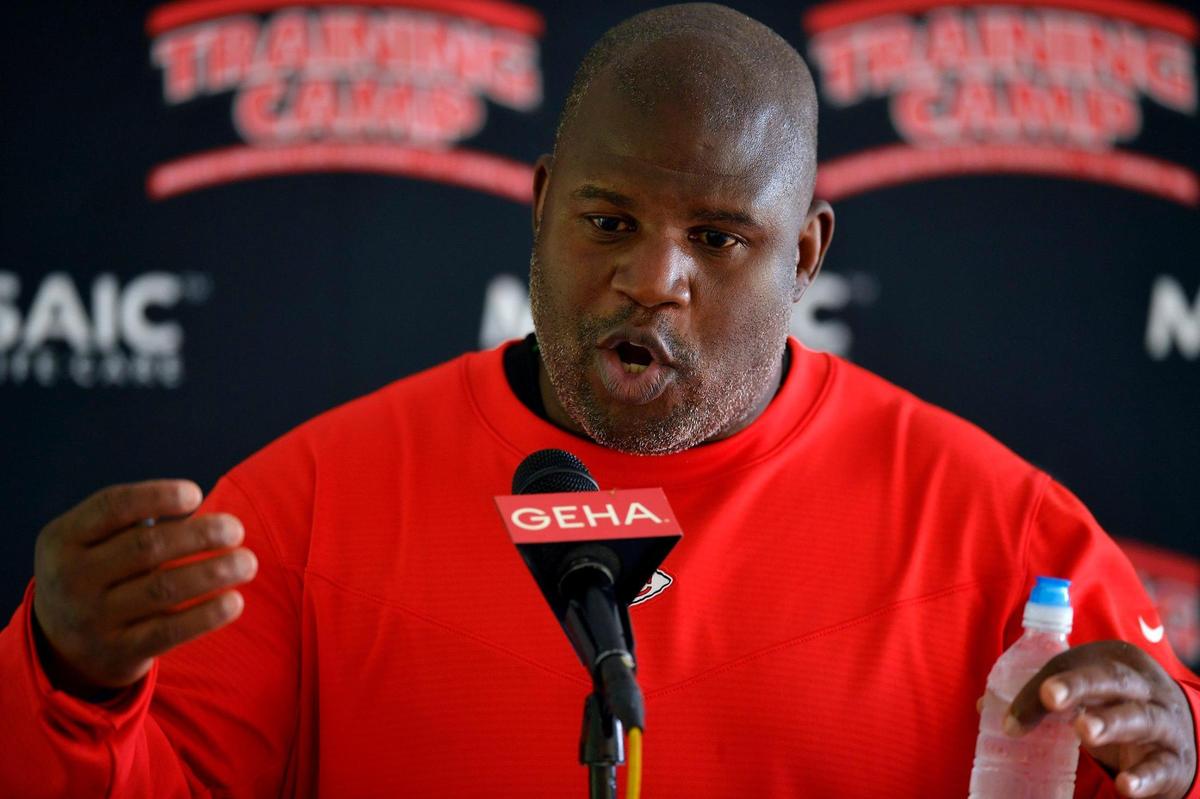 Kansas City Chiefs offensive coordinator Eric Bieniemy speaks to the media after a training camp practice last summer in St. Joseph.