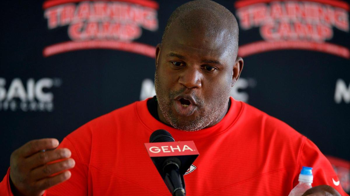Kansas City Chiefs offensive coordinator Eric Bieniemy speaks to the media after practice at training camp in St. Joseph in August 2021.