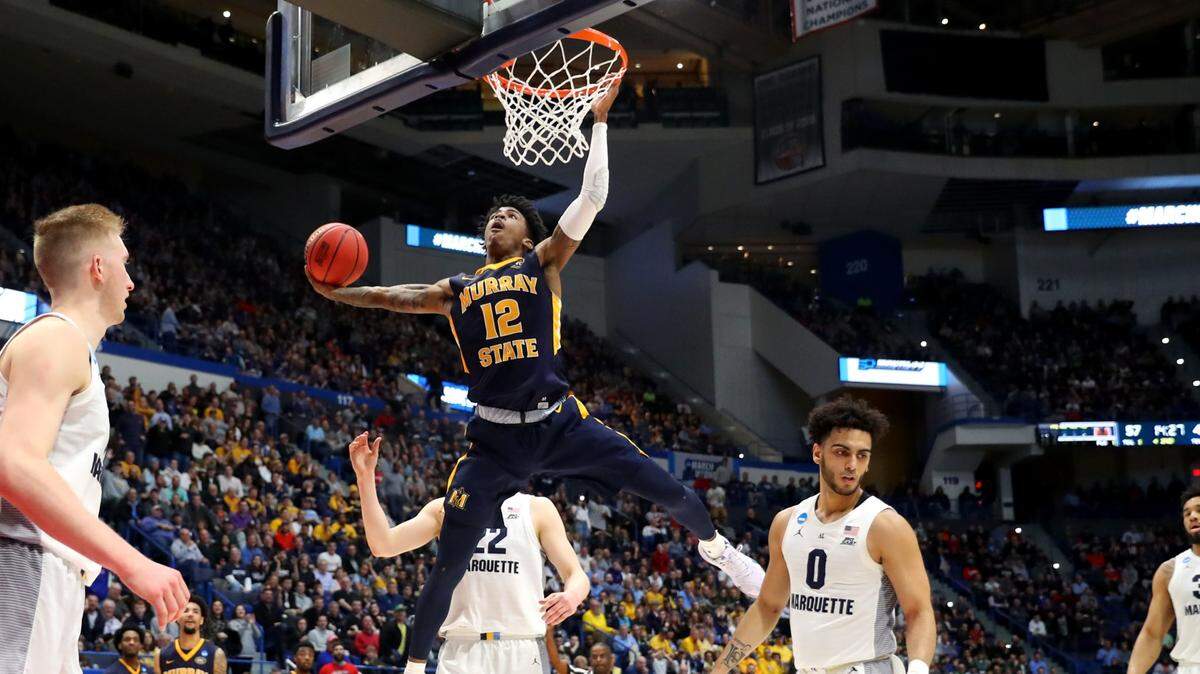Ja Morant #12 of the Murray State Racers dunks the ball during the second half of the first round game of the 2019 NCAA Men’s Basketball Tournament against the Marquette Golden Eagles at XL Center on March 21, 2019 in Hartford, Connecticut. Murray State defeated Marquette 83-64.