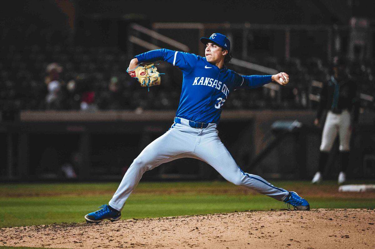 Kansas City Royals prospect Frank Mozzicato pitches in the club’s MLB Spring Breakout Game against the Arizona Diamondbacks on March 14, 2025 at Salt River Field at Talking Stick in Scottsdale, Arizona.