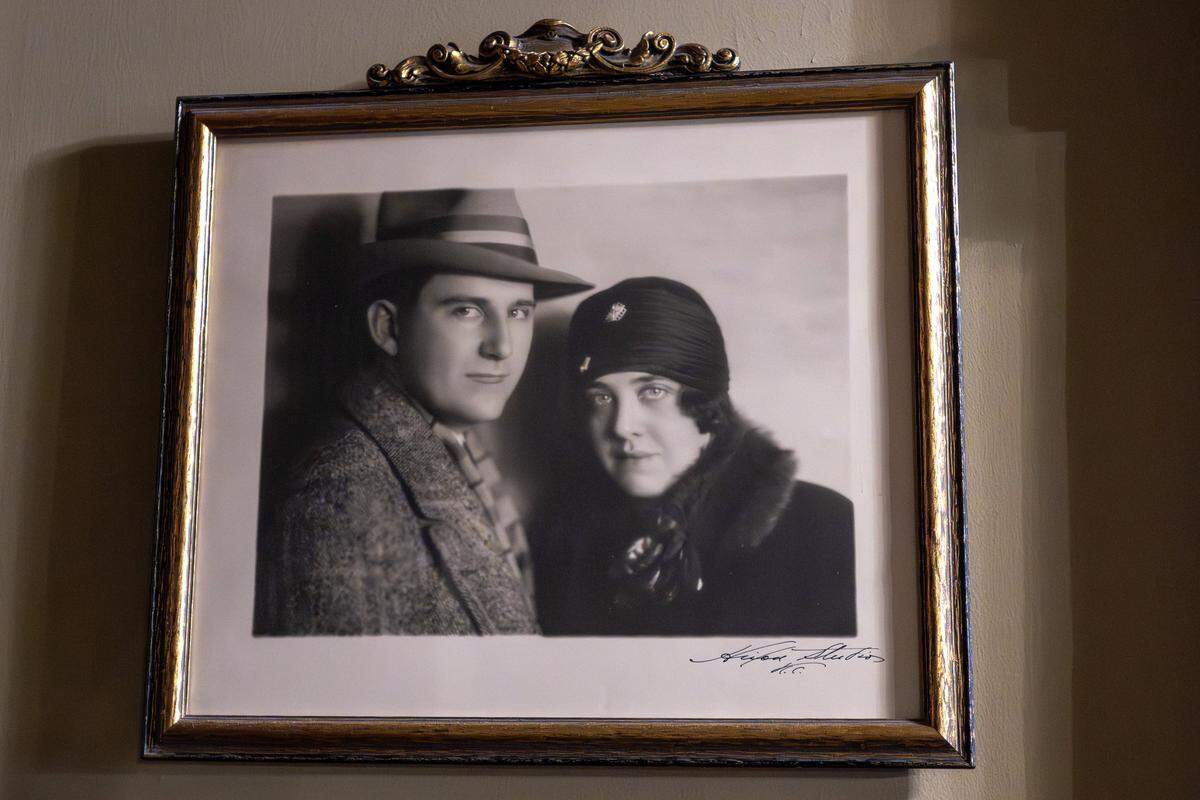 A framed photograph of Roger DeWitt and Mary Mildred DeWitt, former owners of the Vaile Mansion, is seen on display at the mansion on Tuesday, May 5, 2026, in Independence.