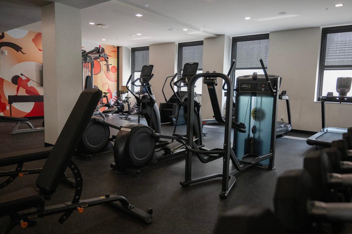 The fitness center at the Midland Lofts includes exercise equipment.