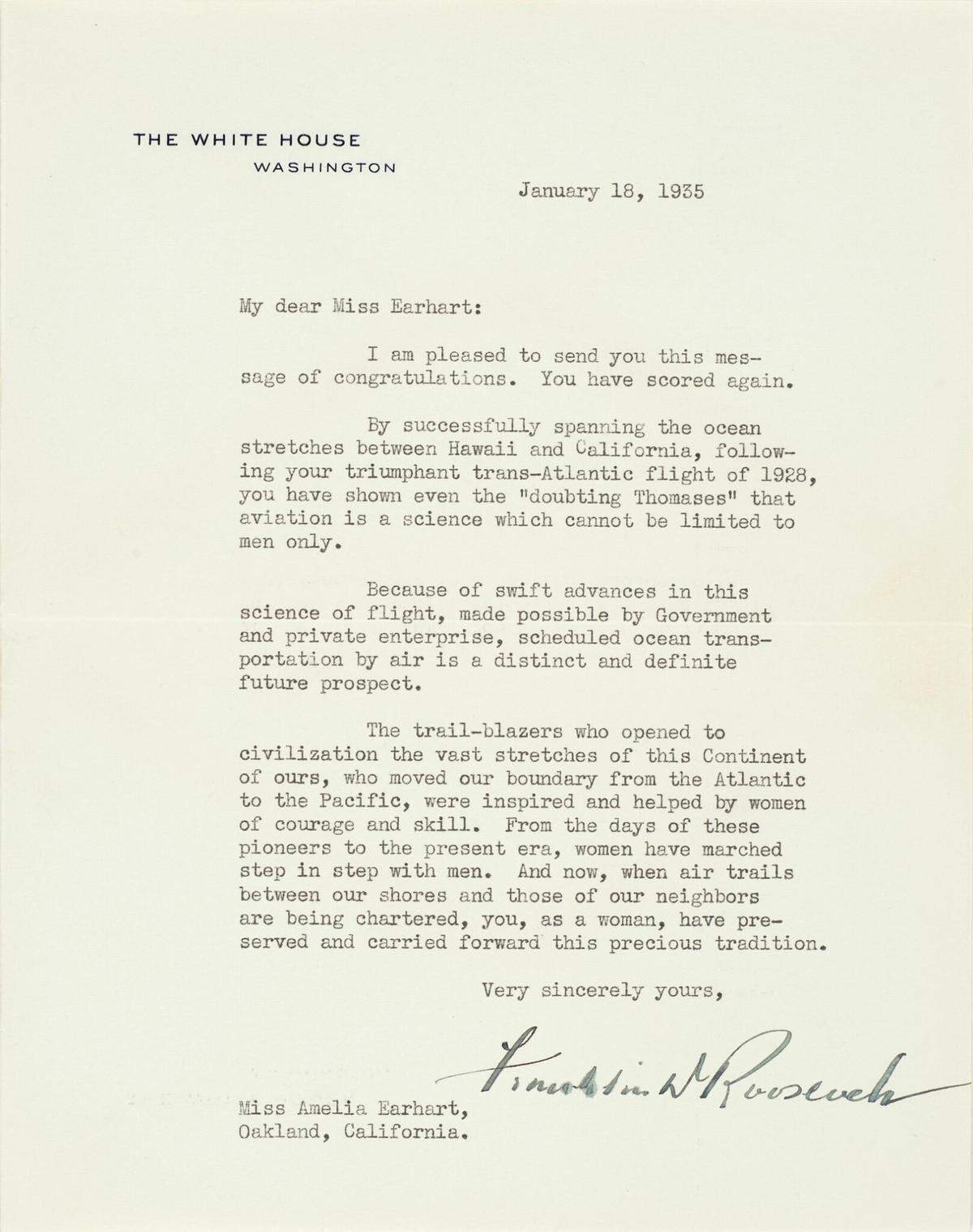President Franklin D. Roosevelt wrote a fan letter to Amelia Earhart after her solo flight from Hawaii to the continental United States. Estimated value is $60,000 to $80,000.