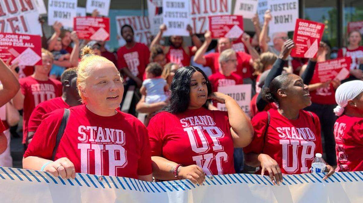 Stand Up KC, an organization of retail and fast food employees across the metro area, puts on a demonstration at the Missouri Workers’ Center. An representative for Stand Up KC said service industry workers were among those being affected by noncompetes and low thresholds for salaried workers to receive overtime.