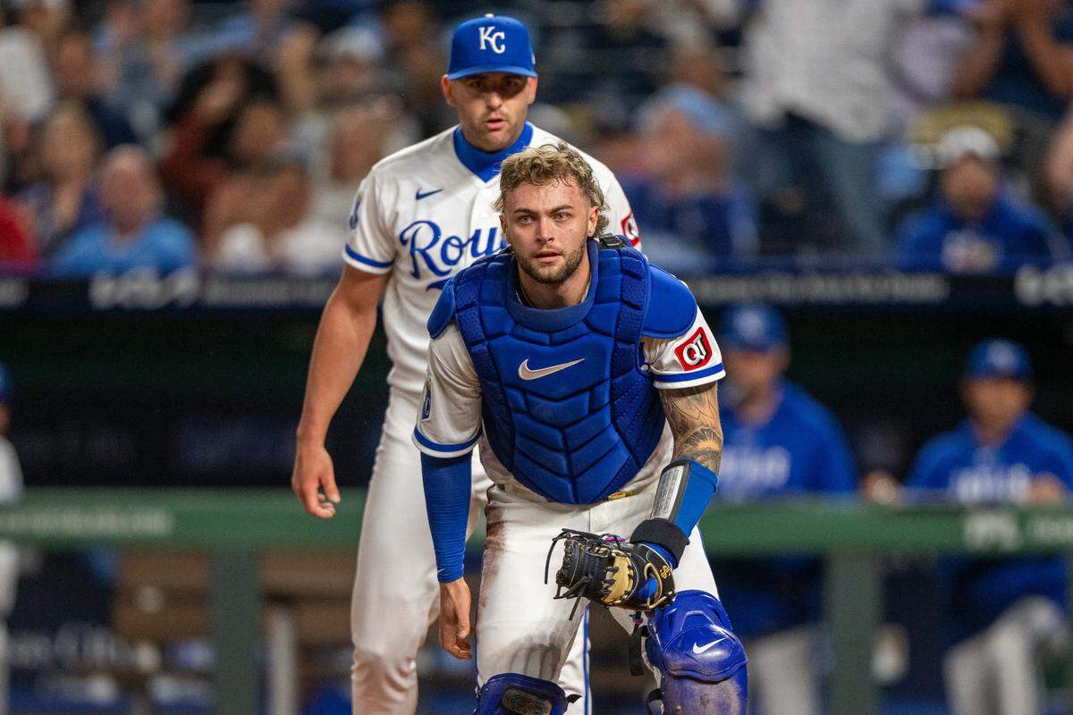 Kansas City Royals catcher Carter Jensen comes off the field after tagging out Boston Red Sox left fielder Jarren Duran at home plate on Wednesday, May 20, 2026, at Kauffman Stadium.
