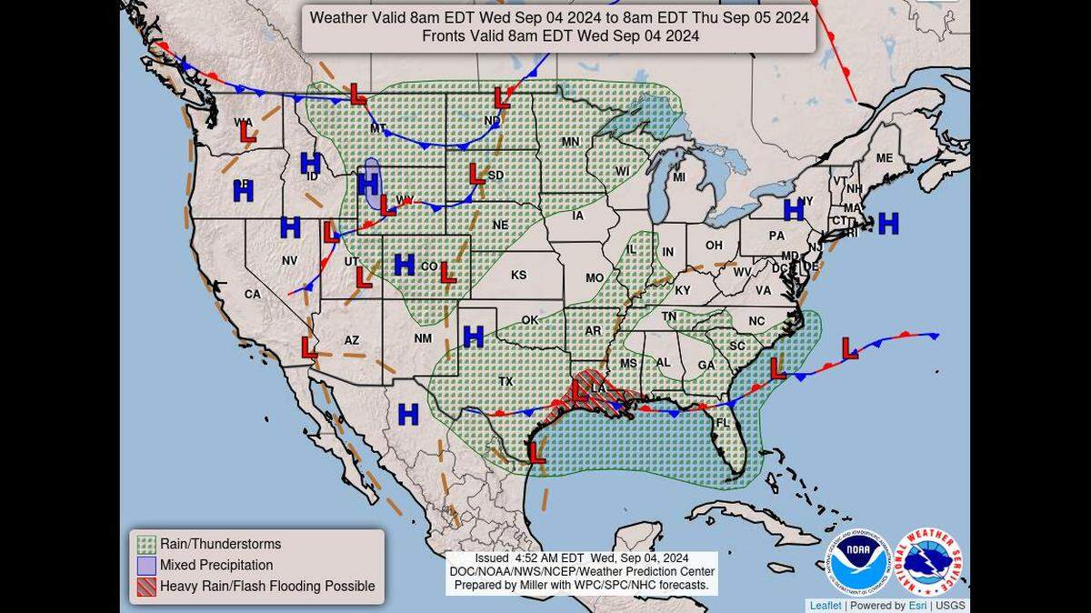 Slightly warmer and humid weather is expected in the Kansas City area the next couple of days. Showers and thunderstorms possible for Kansas City Chiefs season opener against the Baltimore Ravens at Arrowhead Stadium, according to the National Weather Service.