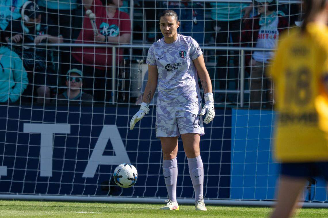 Kansas City Current goalkeeper Lorena (23) prepares to kick the ball back into play in the first half of the Current's match vs. the Utah Royals, on Saturday, March 14, 2026, at the CPKC Stadium. The Current won 2-1 against the Utah Royals.