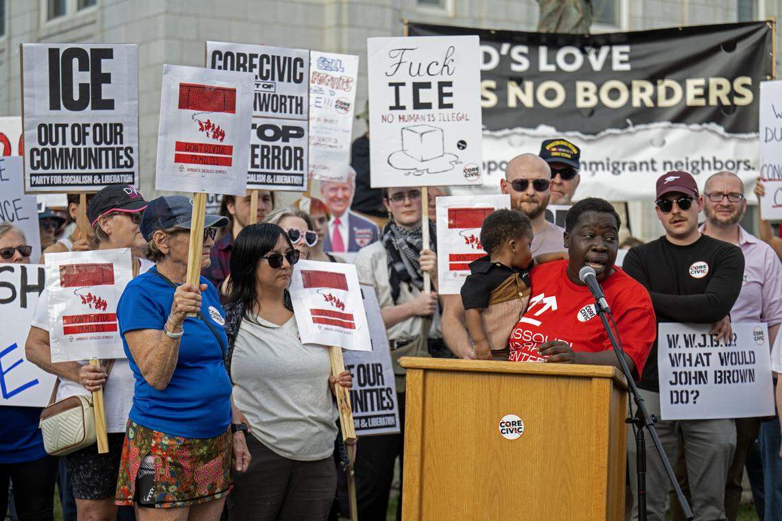 Fran Marion of Stand Up KC, spoke as anti-ICE protesters gathered outside of Leavenworth City Hall before the Leavenworth city commission meeting, which approved a zoning permit Tuesday, March 10, 2026, that allows CoreCivic, a private prison company, to reopen its facility as an ICE detention center. 