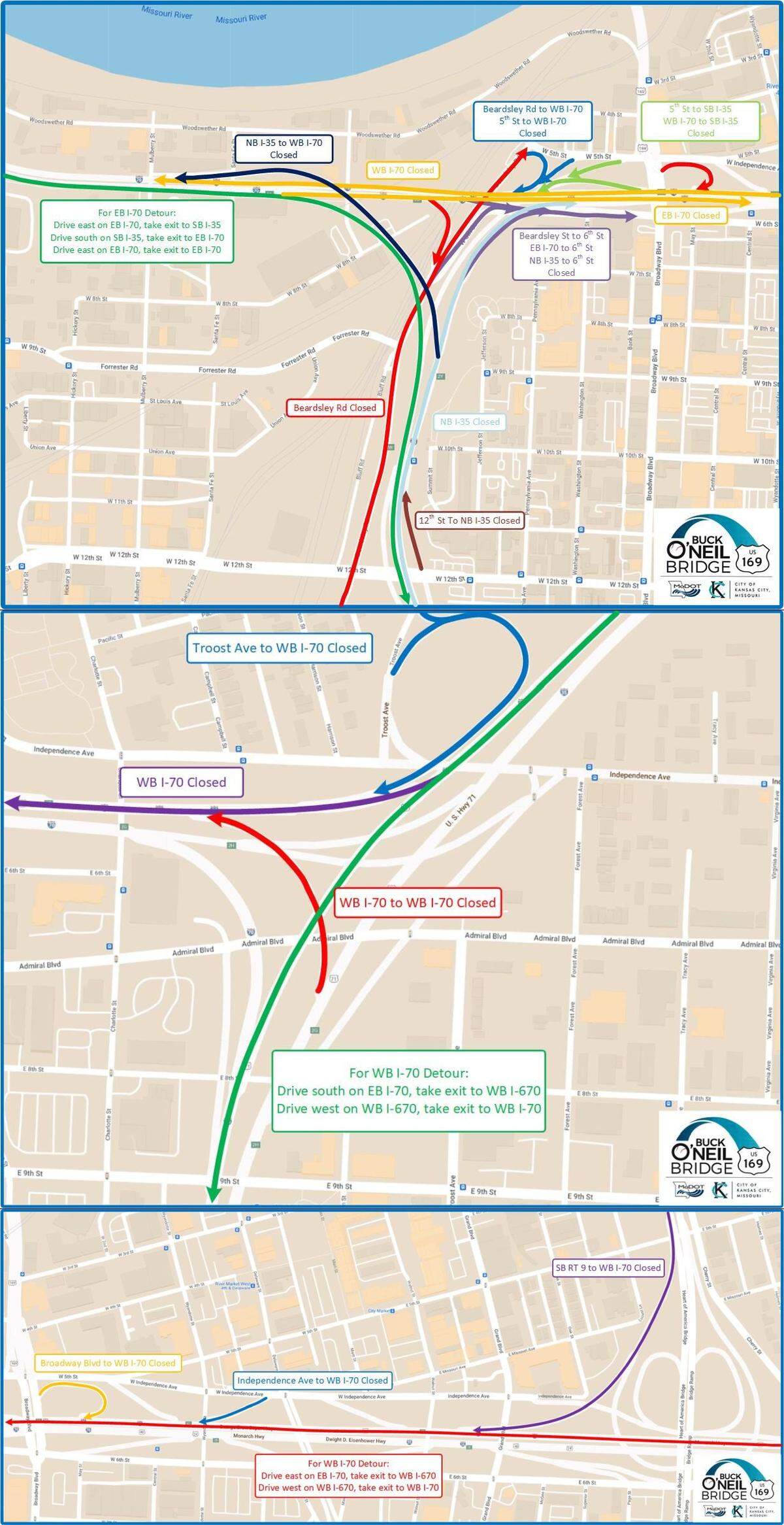 Drivers on the north side of Kansas City’s downtown loop will find various lanes and ramps closed next week as part of the Buck O’Neil Bridge replacement project, a spokeswoman for the Missouri Department of Transportation said.