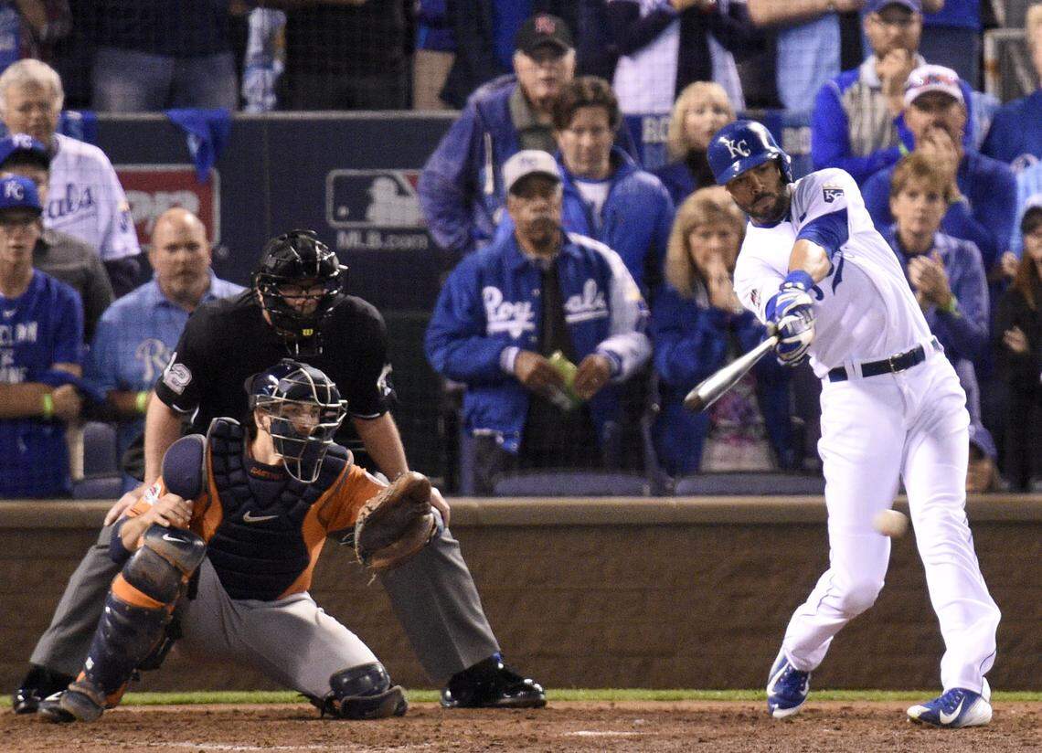 Kansas City Royals right fielder Alex Rios (15) doubles in the fifth during Wednesday’s ALDS baseball game on October 14, 2015 at Kauffman Stadium in Kansas City, Mo.