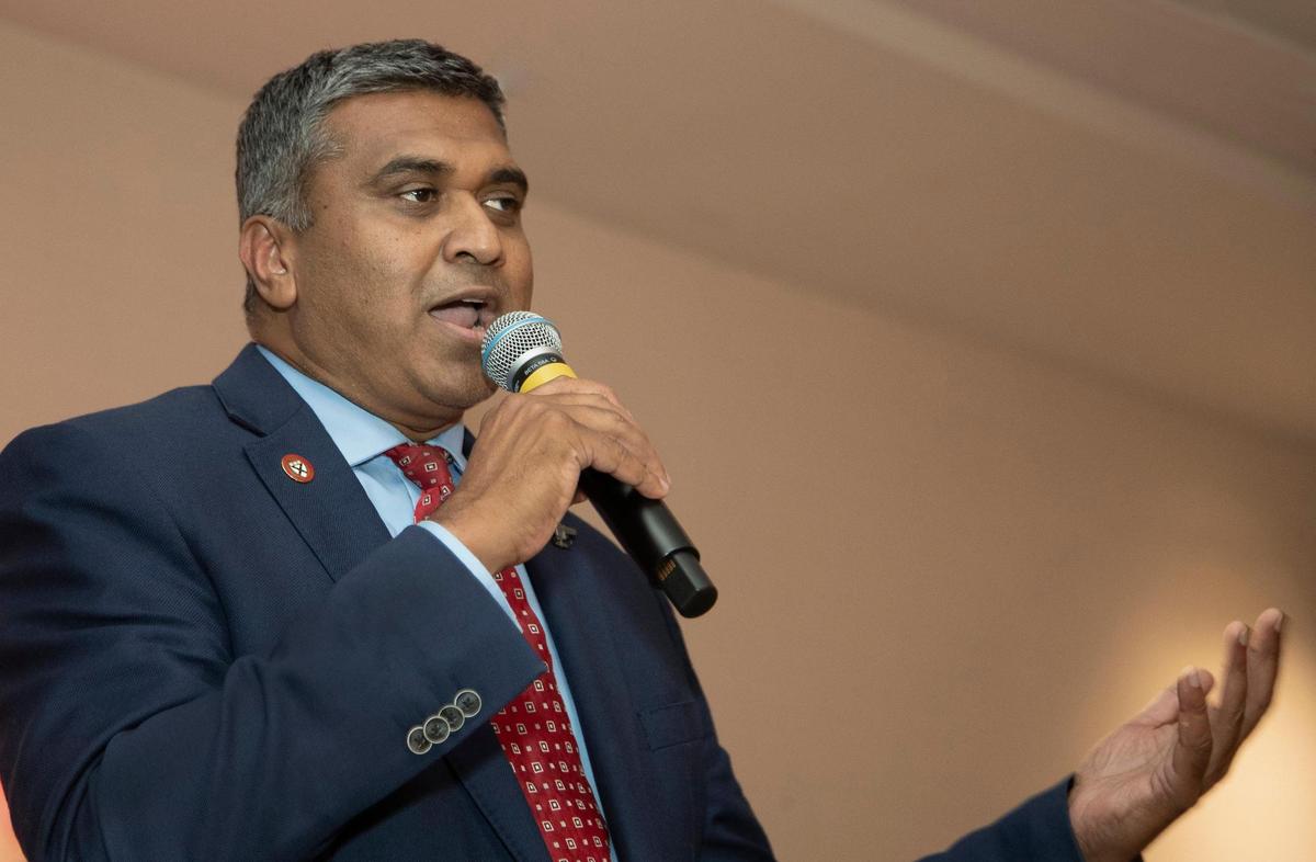 Prasanth Reddy Republican candidate for US House of Representatives Kansas District 3 spoke during the Johnson County Republican’s election night watch party at the Marriott Hotel, in Overland Park, Ks. Reddy lost to Sharice Davids.