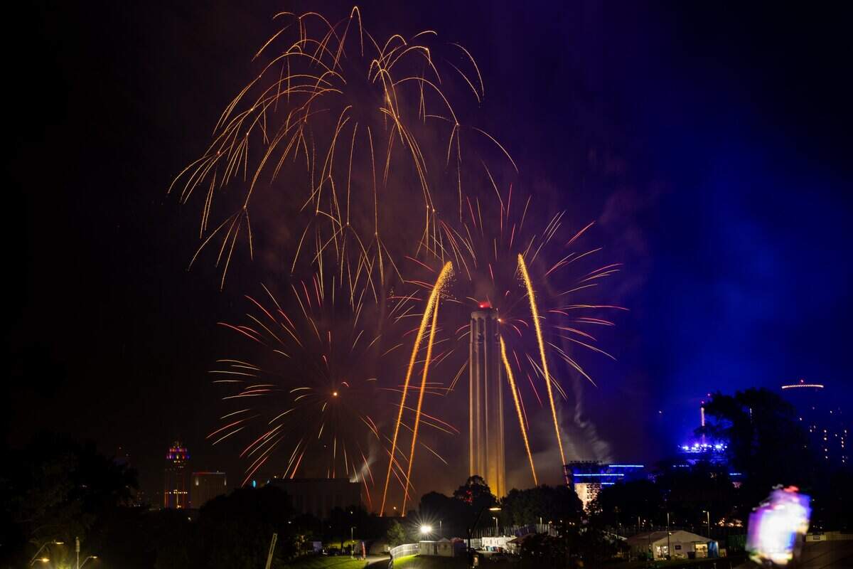 Fireworks light up the night sky over Penn Valley Park on Saturday, July 4, 2026. The National WWI Museum and Memorial's Stars and Stripes Picnic celebrates America's 250th and the Memorial's 100th
