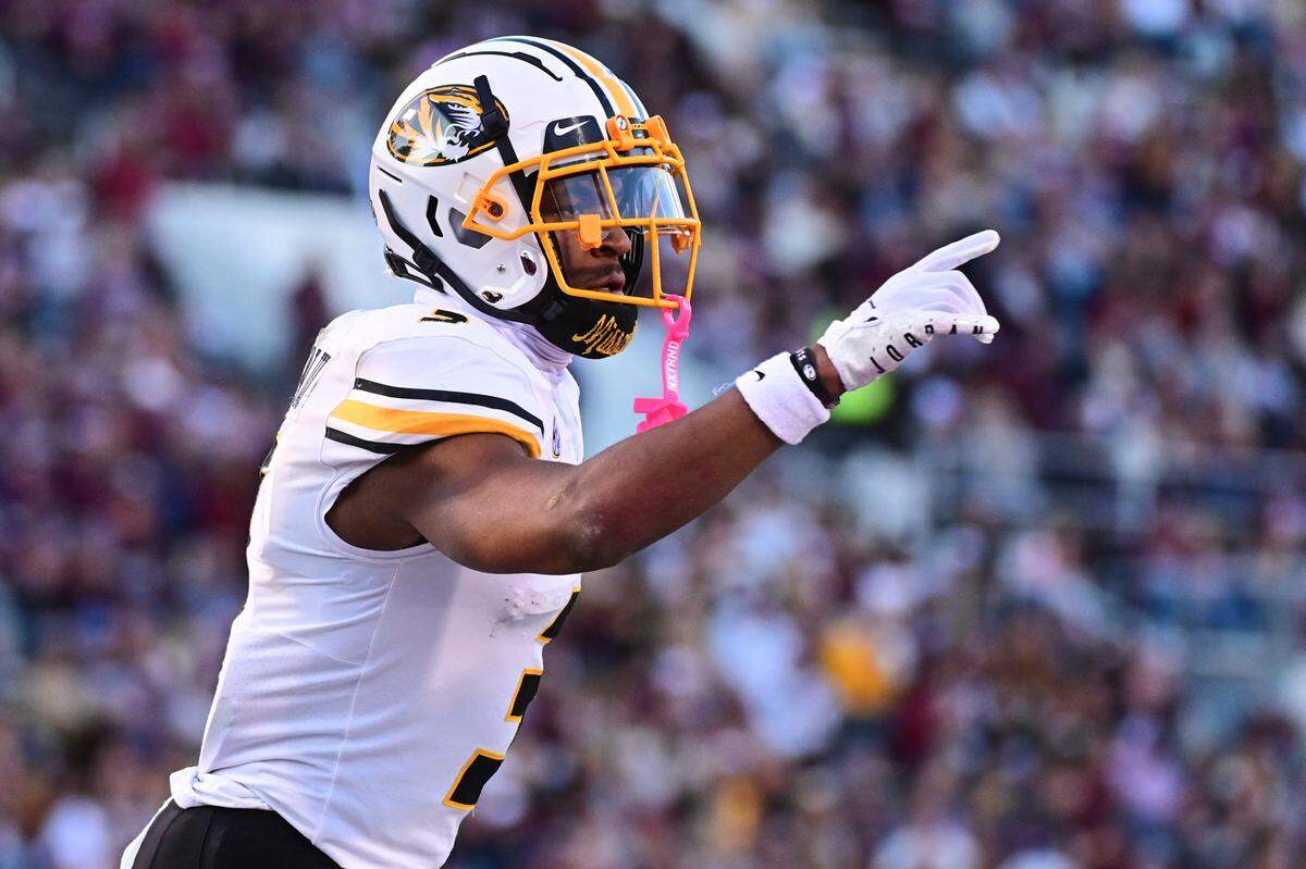 Missouri Tigers wide receiver Luther Burden III celebrates after making a tough second-quarter touchdown reception against the Mississippi State Bulldogs during an SEC college football game at Davis Wade Stadium at Scott Field on Saturday, Nov. 23, 2024 in Starkville, Mississippi.