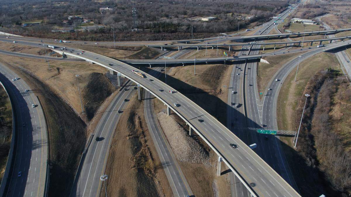 This aerial photo shows traffic at Three Trails Crossing in south Kansas City. The photo was from the south looking north.