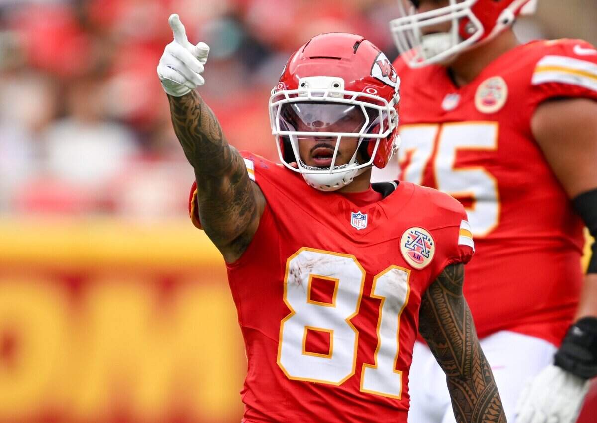 Kansas City Chiefs wide receiver Nikko Remigio (81) signals for a Chiefs first down in the second quarter of the Kansas City Chiefs vs. Los Angeles Rams preseason game at Arrowhead Stadium in Kansas City on Aug. 15, 2026.