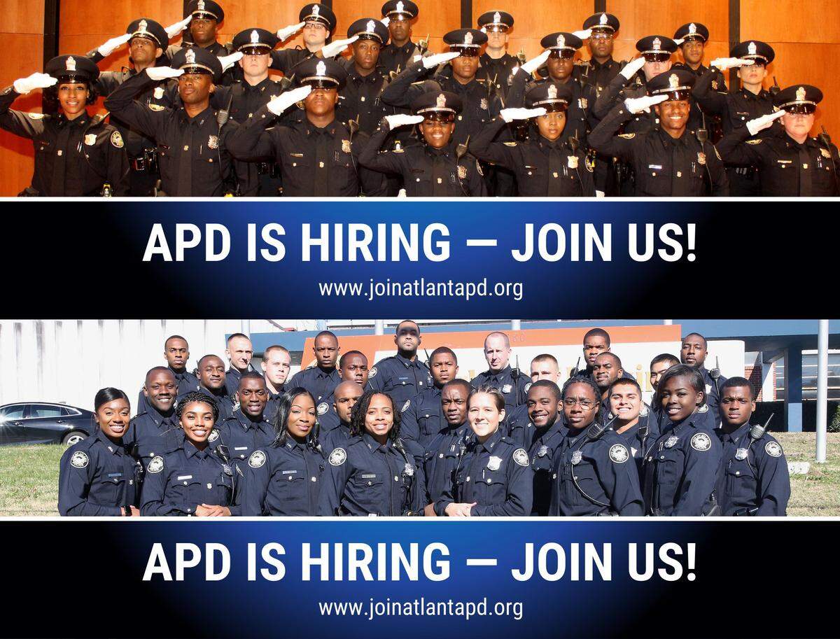 An Atlanta Police Department recruiting advertisement shows a diverse group of officers. The department is 56% Black in a city where Black residents make up 53% of the population, according to 2015 data.