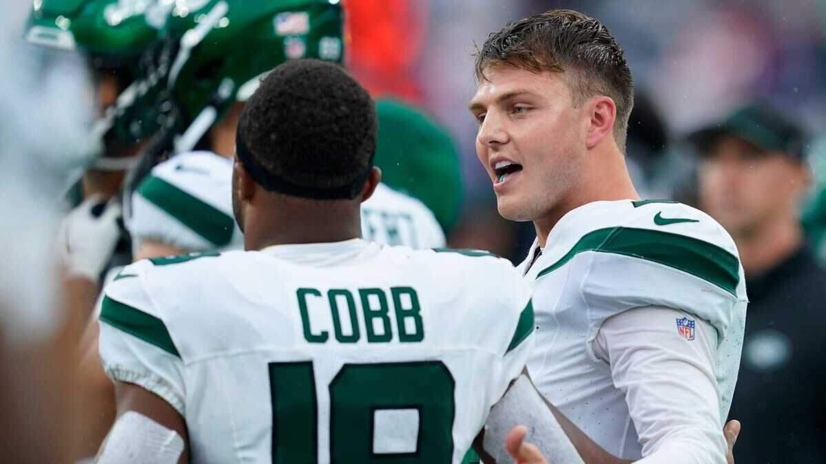 New York Jets quarterback Zach Wilson (2) and wide receiver Randall Cobb (18) talk towards the end of the game. The Jets lose to the New England Patriots, 15-10, at MetLife Stadium last Sunday in East Rutherford.