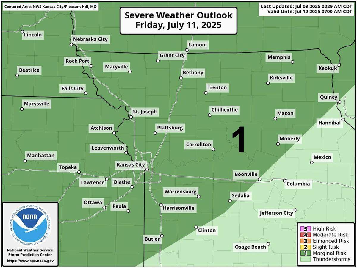 A stronger storm system is expected to move through the Kansas City region on Friday evening, bringing the chance for showers and thunderstorms. Winds gusts above 60 mph and hail the size of quarters are the main threats. There is a potential for the severe weather to shift northward, but showers would still be expected. Minor flooding could occur with heavier rainfall.