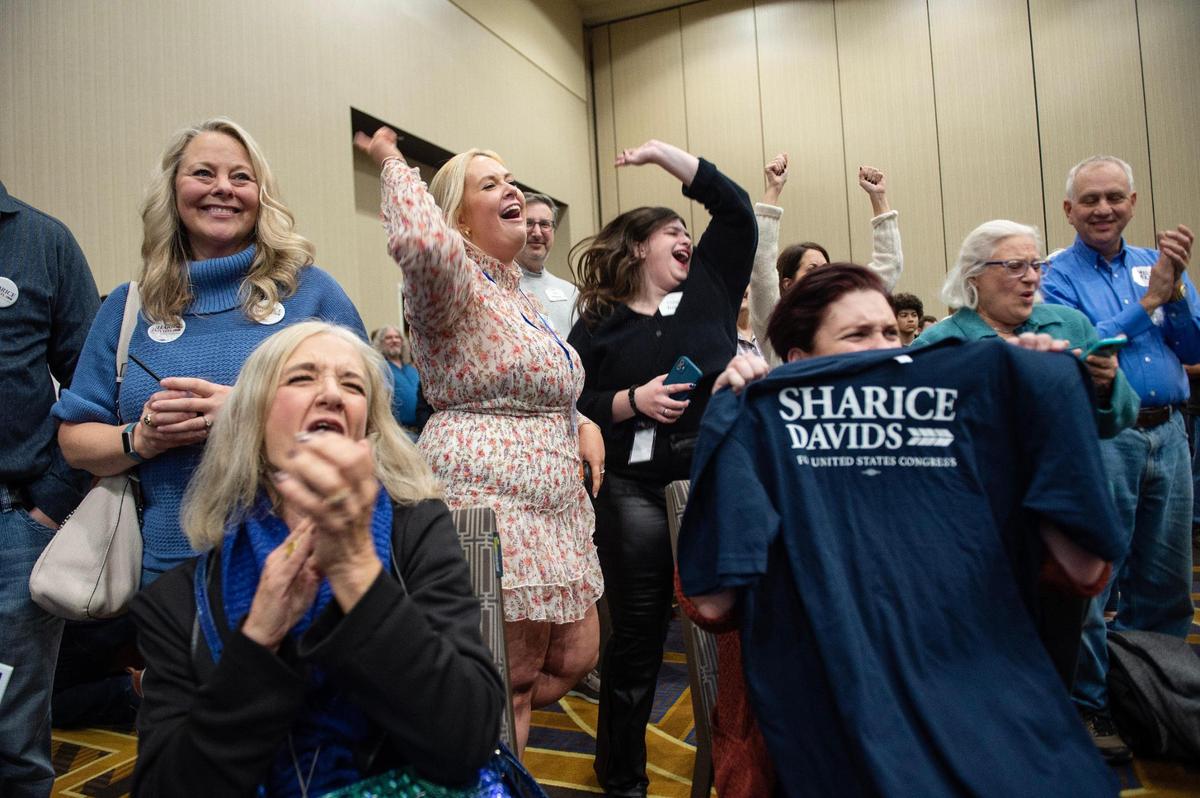 Supporters of Kansas 3rd District Rep. Sharice Davids celebrated at Davids’ election night watch party at the Sheraton Hotel in Overland Park, after learning that she had defeated Republican challenger Amanda Adkins Tuesday, Nov. 8, 2022,