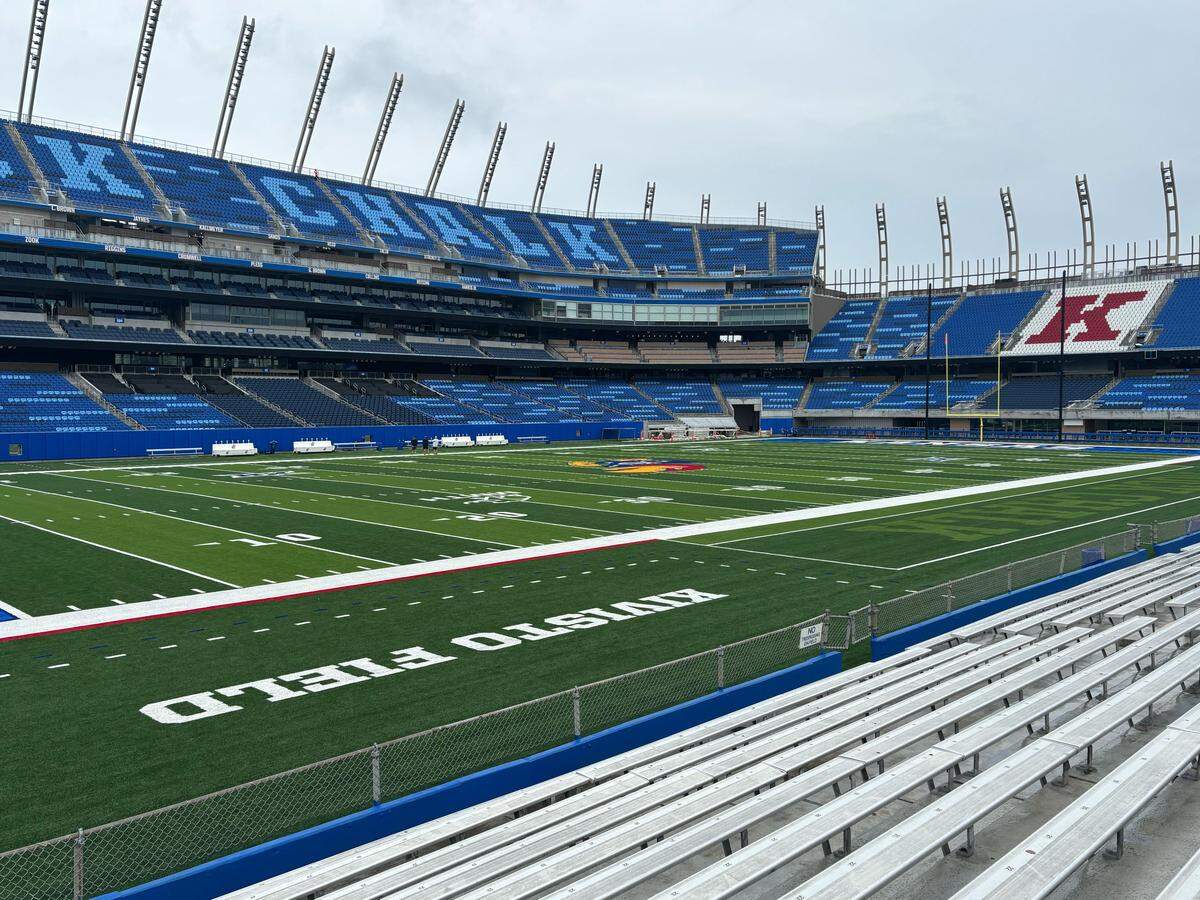 "Rock Chalk" is spelled out in the seats of the renovated west side of David Booth Kansas Memorial Stadium.