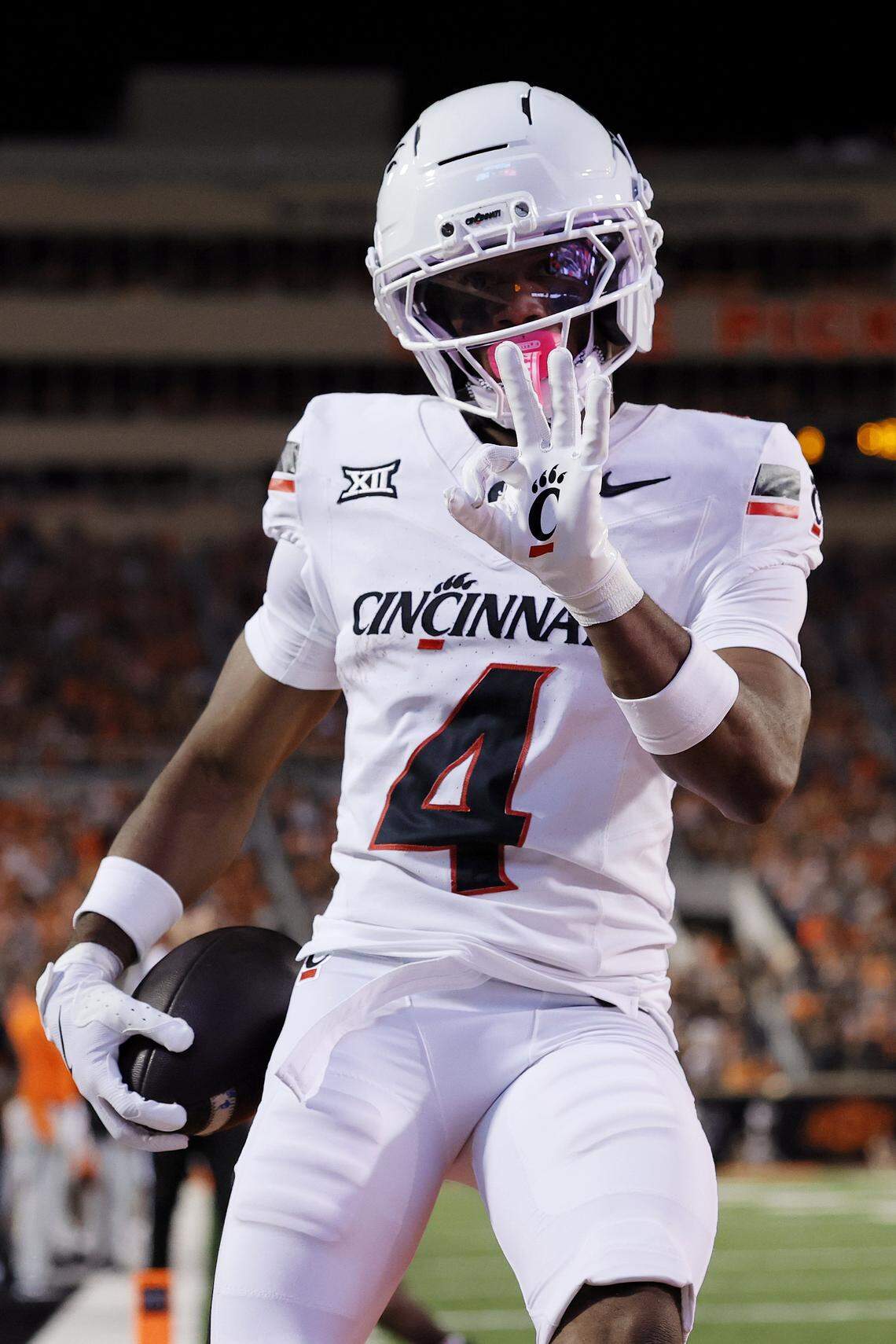 Cincinnati wide receiver Cyrus Allen, selected by the Kansas City Chiefs in Round 5 of the 2026 NFL Draft on Saturday, April 25, 2026, celebrates his third touchdown of a game against Oklahoma State on Oct. 18, 2025 in Stillwater, Okla.