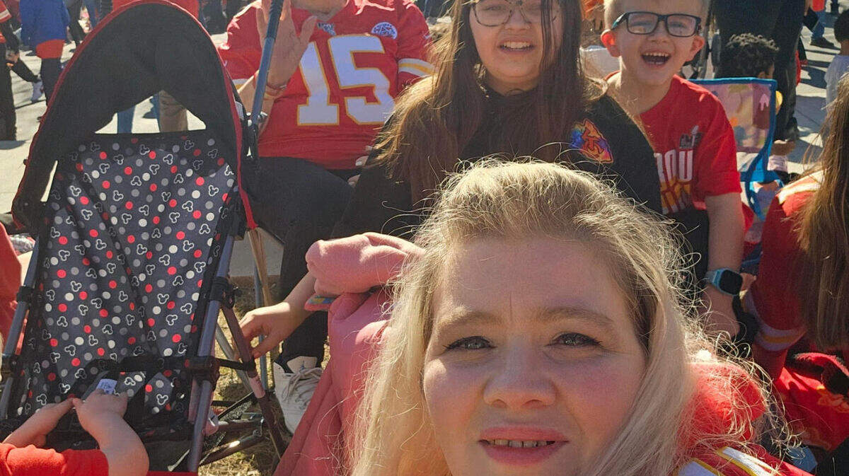 Chasitty Logsdon (center) attended the Super Bowl rally at Union Station Wednesday afternoon. After the shooting, Logsdon, an ER nurse, ran to help one of the gunshot victims.